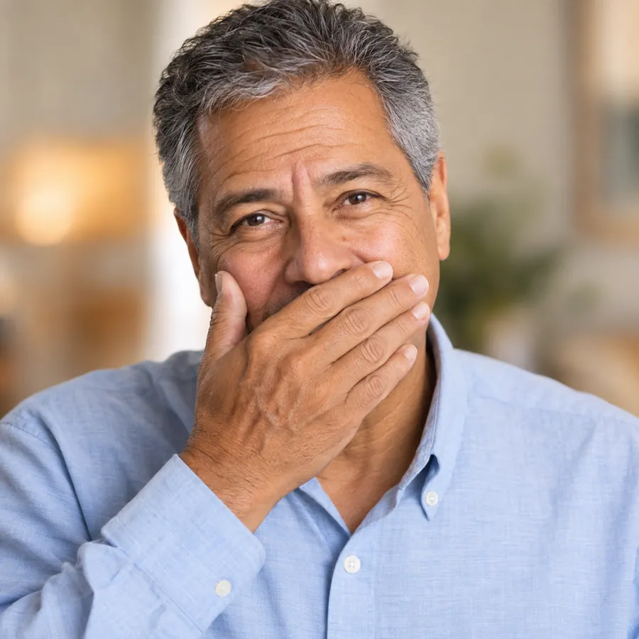 Hombre cubri&eacute;ndose la boca, con pena de sonre&iacute;r