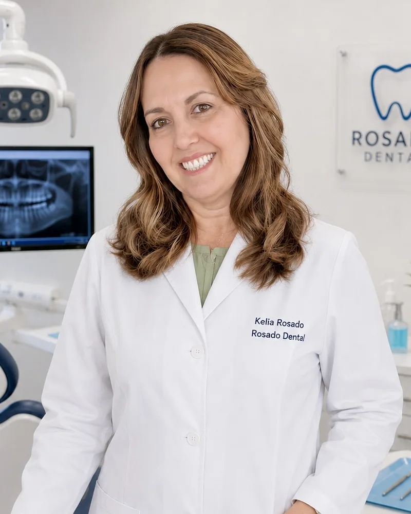 Kelia Calvo Rosado, RDH, co-propietaria de Rosado Dental, sonriendo con su bata blanca en el consultorio